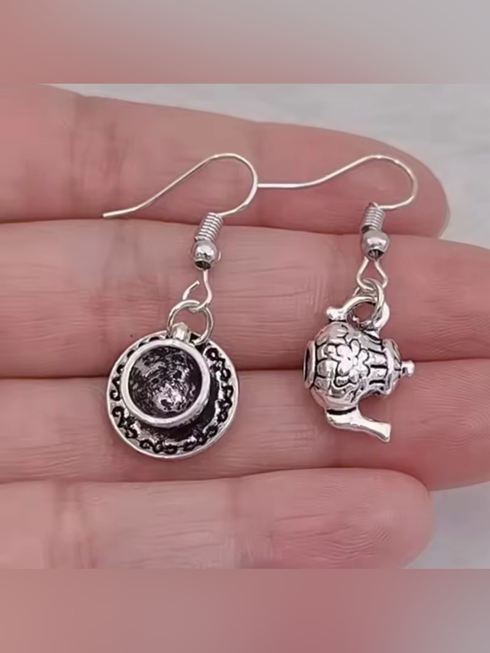 Silver tone  Teapot and Cup & Saucer Drop Earrings - Charming Tea Time Jewelry